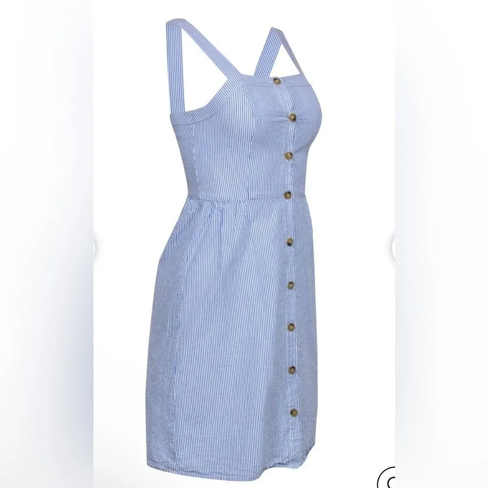 J Crew  Button Front Dress Sz 12  Seersucker Stripe White/Blue Sleeveless NWT